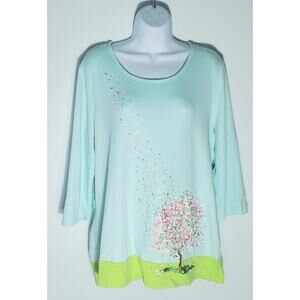 Quaker Factory Womens 3/ 4 Sleeve Blue Embroidered Shirt Size Large Whimsicle